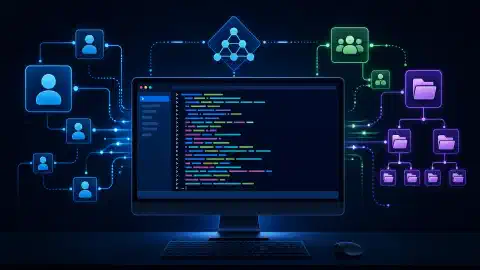 カラフルなコマンドレットが表示されたPowerShellコンソールのコンピュータ画面のイラスト。ユーザーアカウントやグループを抽象的に表現したものに囲まれ、暗い背景に配置されています。