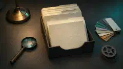 暗い机の上で、拡大鏡、色見本、小さなフィルムリールの隣に置かれたトレイ入りの象牙色の指示カード