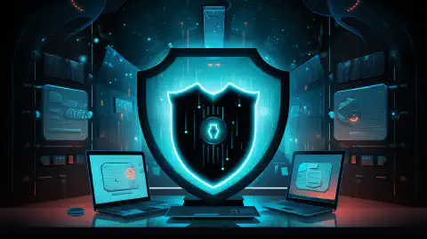 さまざまなサイバー脅威からコンピュータシステムを守るシールドを描いたアニメーションイラスト。