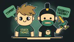 HackTheBox Academyのシャツを着たキャラクターとTryHackMeのシャツを着たキャラクターの2人が、それぞれのプラットフォームに関連するシンボルを含む思考バブルを頭上に掲げ、両者が中央でバランスを取るシーソーの上に立っているアニメーション画像です。