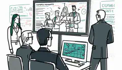PCの周りに集まった従業員や、セキュリティ専門家がホワイトボードでサイバーセキュリティの概念を説明するアニメーション画像です。