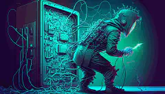 RSA暗号で保護されたコンピュータシステムに侵入しようとするハッカーが、バックグラウンドで量子コンピュータが数秒で暗号を解くため、失敗するアニメーション画像です。