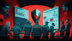 サイバーセキュリティの専門家がチームを組んでセキュリティインシデントに対応する様子を描いたイラスト画像で、背景には緊急性を示す赤いアラートアイコンが描かれています。