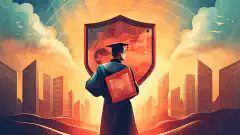 サイバーセキュリティを表す盾がついた卒業帽を持つ人のイラストで、サイバーセキュリティ分野の教育とスキルの必要性を象徴しています。--aspect 16:9
