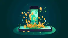 スマートフォンからお金が流れ出ているイラストで、「稼ぐアプリ」を通じてインターネット上のリソースを共有し、報酬を得るというコンセプトを表現しています。