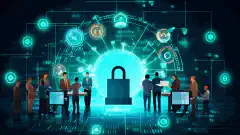 サイバーセキュリティを象徴するロックアイコンが描かれたデジタルプラットフォームで、多様なビジネスプロフェッショナルがコラボレーションしているイメージです。