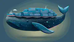シロナガスクジラのような形をした貨物船が、複数のDockerコンテナを積んでいるイメージ