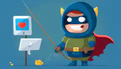 スーパーヒーローのコスチュームと盾を持った漫画のキャラクターが、フィッシングメールが書かれた釣り竿をブロックしているイメージです。