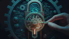 サイバーセキュリティにおけるAIの活用を象徴する歯車付きの錠前をイメージし、人間の手が鍵を持っていることで人間の監視を表現しています。