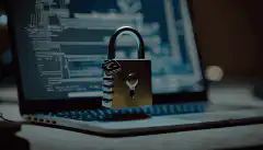 パソコンやノートパソコンの画面の上に鍵のかかった南京錠があるイメージで、Windowsのハードニングやデブローテーションによるセキュリティ対策を象徴しています。