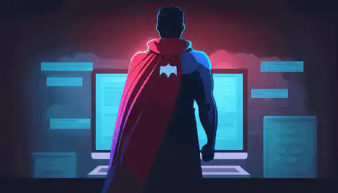 スーパーヒーローのマントを背負い、パソコンの前に立つ人のイメージで、サイバーセキュリティの資格を取得することで得られるスキルや知識を象徴しています。