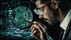 セキュリティ専門家がIoTデバイスの内部構造を調べているイメージで、様々なハードウェア部品や回路基板が見える。