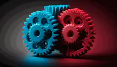 サイバーセキュリティプロセスの自動化における統合と協調を象徴するために、赤、青、青に着色された3つの歯車が連動して回転しているイメージ