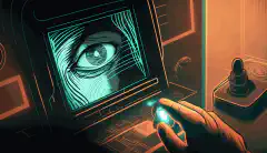 人の手が指紋認証でセキュリティエリアにアクセスする様子を描いたアニメーションで、背景には人の顔や虹彩も見えるようになっています。