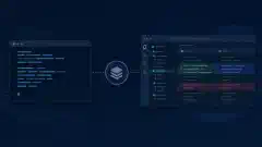 ターコイズと青のアクセントを持つリポジトリ記号につながるターミナルとデスクトップの開発環境