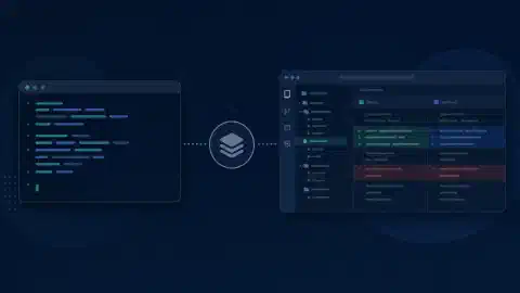 ターコイズと青のアクセントを持つリポジトリ記号につながるターミナルとデスクトップの開発環境