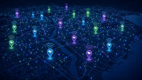 Flock Safety ALPRカメラの位置を示すカラフルなマーカーを表示するインタラクティブマップ。暗い背景にマーカーから抽象的なWiFi信号が放射されている。