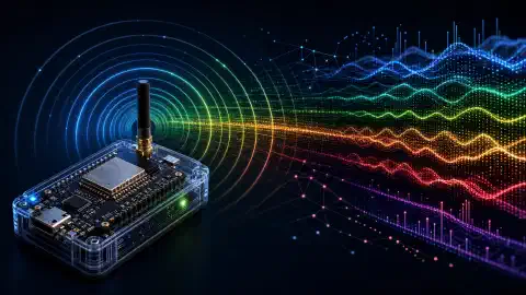 前景にESP32ベースのデバイスが映り、WiFi信号をスキャンしている様子を示すイラスト。カラフルな波が異なる信号強度を表し、暗い背景に映えている。