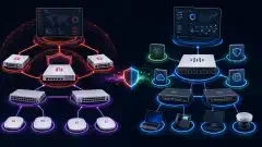 2つのネットワークセキュリティアーキテクチャを示すイラスト。左側にはFortiGateファイアウォールやFortiSwitchなどFortinetのコンポーネントが相互接続されている。右側にはSecure FirewallやCatalystスイッチなどCiscoのソリューションが暗い背景に描かれている。
