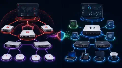 2つのネットワークセキュリティアーキテクチャを示すイラスト。左側にはFortiGateファイアウォールやFortiSwitchなどFortinetのコンポーネントが相互接続されている。右側にはSecure FirewallやCatalystスイッチなどCiscoのソリューションが暗い背景に描かれている。