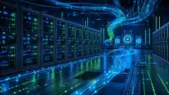 高密度のサーバーラック、光るネットワーク経路、濃い青色の技術的な雰囲気を持つ未来的なデータセンター