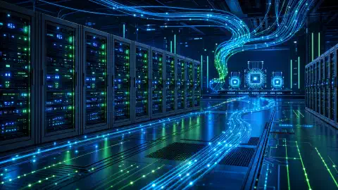 高密度のサーバーラック、光るネットワーク経路、濃い青色の技術的な雰囲気を持つ未来的なデータセンター