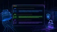 未来的なLinuxターミナルがハッシュコマンドの出力を表示し、暗い背景に抽象的なファイルやデジタル記号が囲むイラスト。鮮やかな青、緑、紫のアクセント付き。