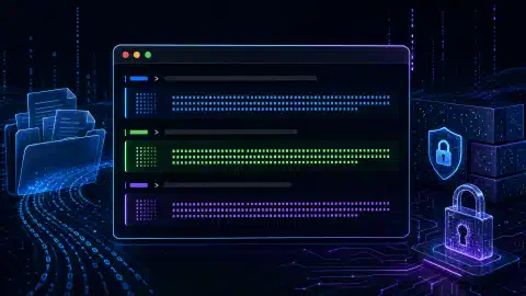 未来的なLinuxターミナルがハッシュコマンドの出力を表示し、暗い背景に抽象的なファイルやデジタル記号が囲むイラスト。鮮やかな青、緑、紫のアクセント付き。