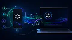 USB-Cケーブルでコンピューターに接続されたGoogle Pixelスマートフォンをデータ転送とセキュリティを表すカラフルなグラフィック要素で囲んだ抽象的なデジタルイラスト。