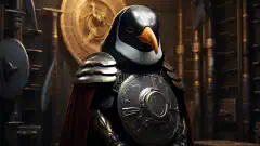 安全なサーバーを守る盾を持ったペンギンの戦士を象徴的に表現したアート。
