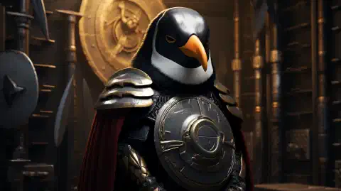 安全なサーバーを守る盾を持ったペンギンの戦士を象徴的に表現したアート。