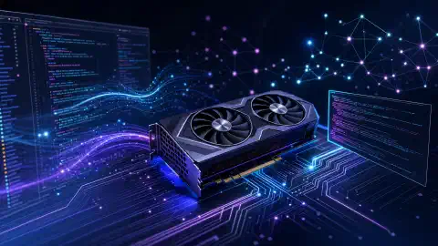 暗い背景に、光るデータストリームとコード断片に囲まれたNVIDIA RTX 4060 Ti GPUを配置したローカルAIコーディング環境のイラスト。