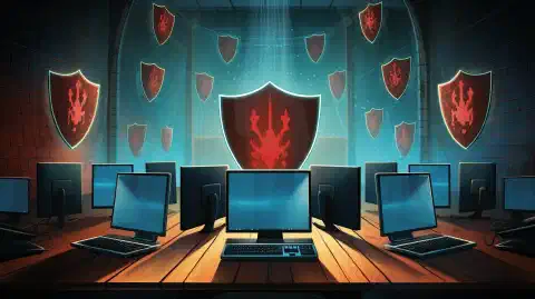 サイバー脅威からネットワーク機器を守る保護シールドを象徴的に表現したイラスト。