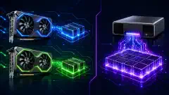 左に2枚のNVIDIA RTX 5060 Tiグラフィックスカード、右にNVIDIA GB10システムを配置し、暗い背景と鮮やかな色で強調したイラスト。