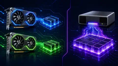 左に2枚のNVIDIA RTX 5060 Tiグラフィックスカード、右にNVIDIA GB10システムを配置し、暗い背景と鮮やかな色で強調したイラスト。