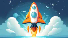 大空を飛ぶ陽気な漫画のロケットの側面には「OrangeWebsite」の文字があり、スピーディで安全なホスティング体験を象徴しています。