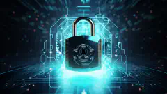 デジタルのプライバシーとセキュリティーを象徴するイメージで、盾の紋章に守られた施錠された南京錠が、データの保護とオンライン上の匿名性を表現している。