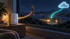 A home cellular gateway faces a distant tower and a shared network gate beside a glowing cloud connection.