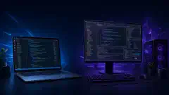 暗い背景に、左側にVisual Studio Codeが表示されたノートパソコン、右側にVisual Studioが表示されたデスクトップのイラスト。左側はカラフルなコードスニペット、右側は複雑なコーディングプロジェクトを示している。