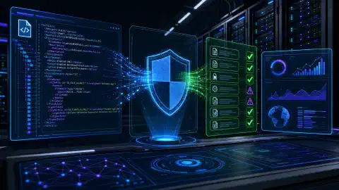 Windows Defender Application Controlに関連するXMLおよびBINファイル構造を表示する発光スクリーンがある未来的なサーバールームのイラスト。暗い背景が鮮やかな色を際立たせています。